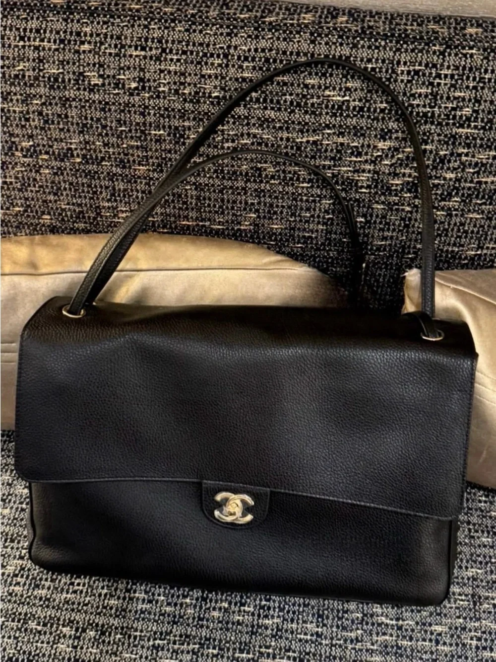 Black Leather Shoulder Flap Bag with CC Turn-Lock